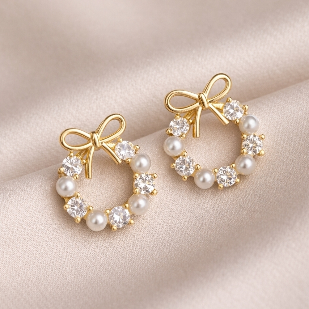 Gold Bow Pearl and Crystal Wreath Earrings Dainty Chic Stud Drop